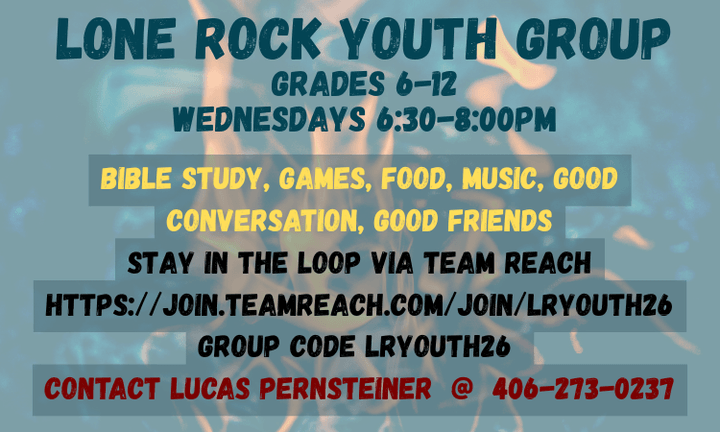 Lone Rock Youth Group flyer: Wednesdays 6:30 PM – 8:00 PM
